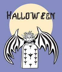 Halloween greeting card, vampire, moonlit night, text, vector illustration