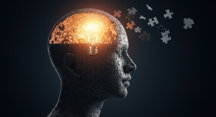Obraz premium Human Head Profile Silhouette With Glowing Lightbulb And Jigsaw Puzzle Pieces Floating Away On Dark Background