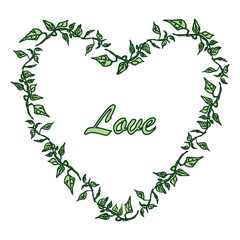 Heart shape of hand drawn delicate twigs with green leaves, valentines card, floral border, text love, vector illustration isolated on white background