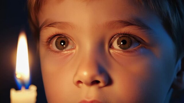Child's mesmerizing gazes at candlelight transform from wonder to sleepiness. 4k Video footage