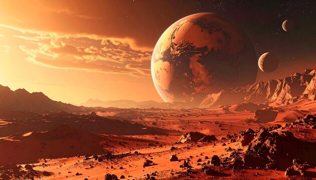 Alien planet, fiery sunset, rocky landscape - Powered by Adobe