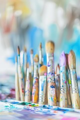 Fototapeta premium Artist?s brushes stand on a colorful, abstract painted background for creative works