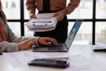 Business Documents, Auditor businesswoman checking searching document legal prepare paperwork or report for analysis TAX time,accountant Documents data contract partner deal in workplace office	