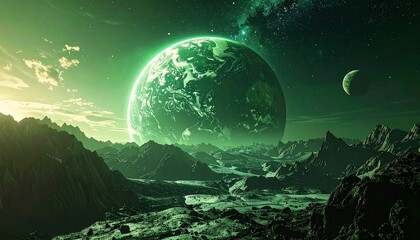 Alien planet, vibrant green landscape, Earth-like moon