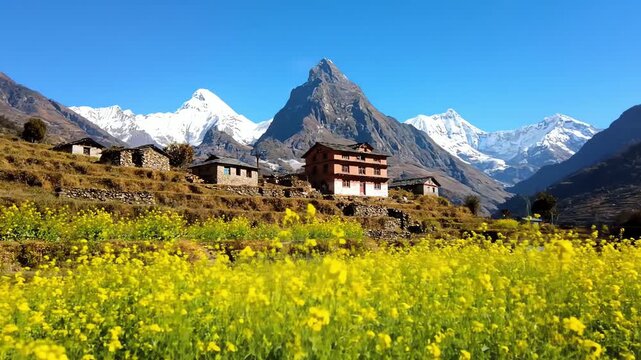Rural Nepalese Himalayas Landscape with Yellow Flower Field and Snowy Peaks &ndash; AI Generated