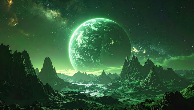 Alien planet, vibrant green landscape