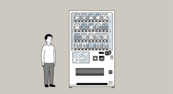 Illustration of a man standing next to a large white vending machine with many items displayed, highlighting everyday consumerism and convenience
