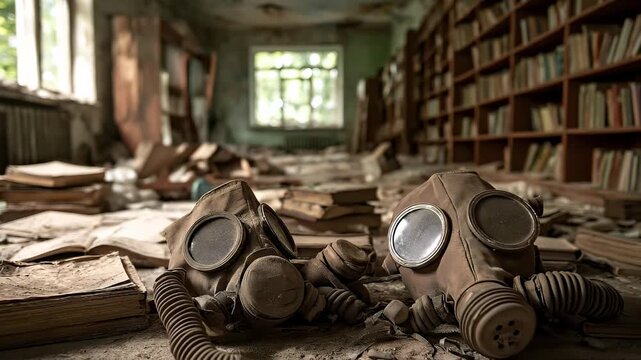 Slow zoom on gas masks in a ruined, abandoned library. Eerie post-apocalyptic scene after a nuclear disaster. Survival and forgotten knowledge concept