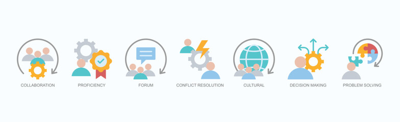 Effective Teamwork Icon Set Isolated Vector With Icon Of Collaboration, Proficiency, Forum, Conflict Resolution, Cultural, Decision Making, Problem Solving In Flat Style
