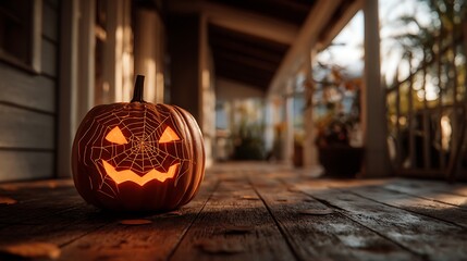 Illuminated halloween pumpkin with spiderweb carving on a wooden porch at dusk or early evening
