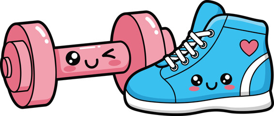 Cute cartoon dumbbell and sneaker with smiling faces, adorable kawaii fitness gym illustration for workout motivation and healthy lifestyle design