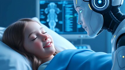 Close Up Of A Young Girl Lying In A Hospital Bed Smiling At A Futuristic Robot With Advanced Medical Technology In The Background With Blue Tones And Soft Lighting - Powered by Adobe