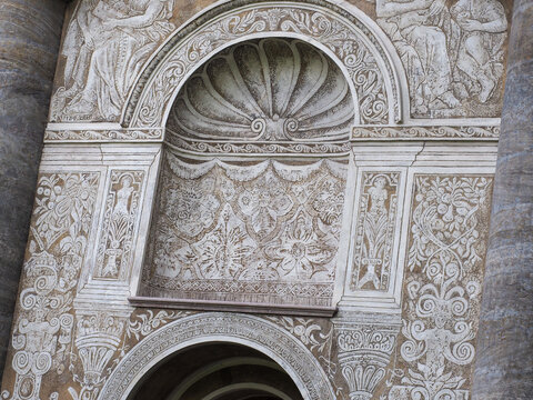 Renaissance sgraffito wall detail with allegorical figures