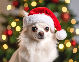 クリスマス　チワワのサンタクロース　冬　ホリデーシーズン　白い犬