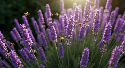 Obraz premium Lavender field with bees pollinating in bright, sunny light, close-up