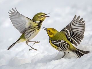 Black-throated Green Warblers Fighting Mid-Air Isolated on White