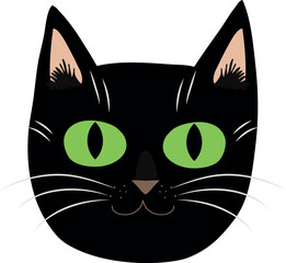 The face of a black cat with green eyes.