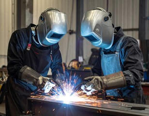 Two welders in a factory setting, sparks fly as they work on a metal piece