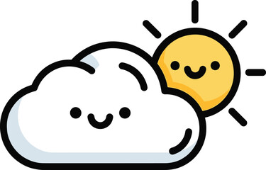Cute weather illustration of smiling sun and cloud icon symbolizing happy day, sunshine, partly cloudy sky, and positive energy vector