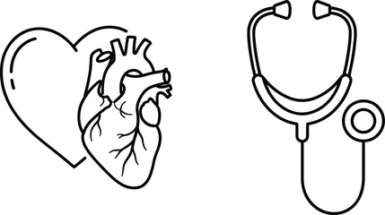 Medical heart and stethoscope line art illustration showing anatomy and healthcare concept for cardiology, hospital, and doctor-related design