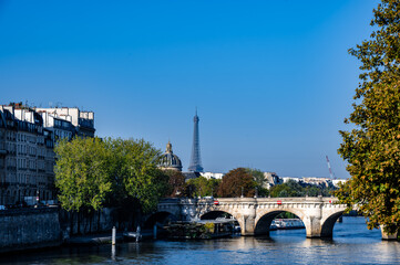 Scenic view of a historic bridge over a river with lush trees and iconic tower in the background, showcasing urban beauty and tranquility