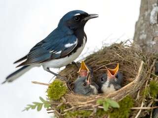 Black-throated Blue Warbler Nest With Baby Birds and Mother Isolated