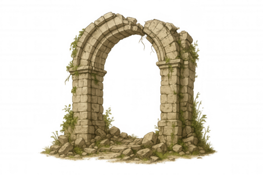 Ancient stone archway ruins with ivy and crumbling detail, showing historical architecture and weathered decay on transparent background