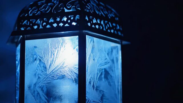 Mystic blue lantern illuminating frosted patterns in a darkened room ambience. 4k Video footage