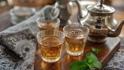 Detailed view of tea glasses and a silver teapot filled with mint on a wooden surface. Enjoy a classic mint tea moment, representing warm hospitality.