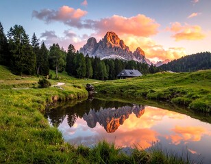 Alpine chalet at sunset, reflected in pond