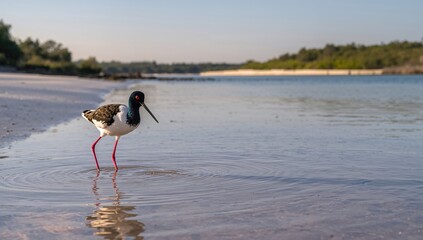 A wading bird with black neck standing in shallow water by the shore