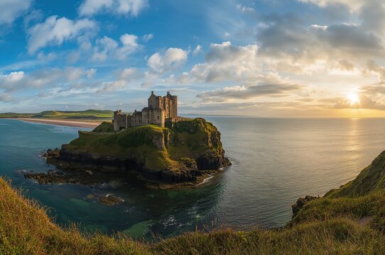 A historic fortress perched atop cliffs by the sea under a picturesque sky. - Powered by Adobe