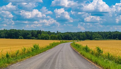 Fototapeta premium Vibrant countryside scene featuring a paved road, young green trees, a crop field, woodland, and a clear sky dotted with white clouds.