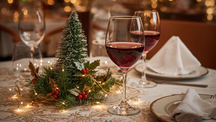 Red wine glasses adorned with festive holiday decor