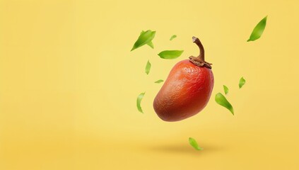 Fresh tamarind pods floating against a bright yellow background with scattered leaves. High-resolution image showcasing suspended fruit.
