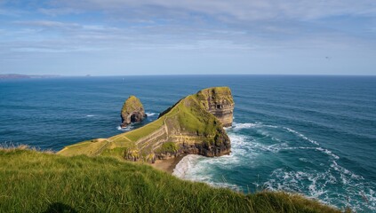 Scenic coastal landscape featuring islands and vibrant ocean waves from a cliffside viewpoint.
