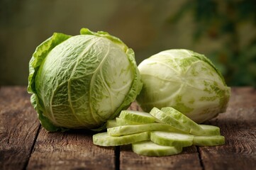 Fototapeta premium Newly harvested cabbage resting on a rustic wooden surface