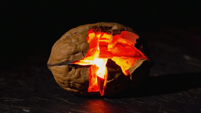 Cracking walnut revealing inner glow: capturing the hidden fiery essence. 4k Video footage