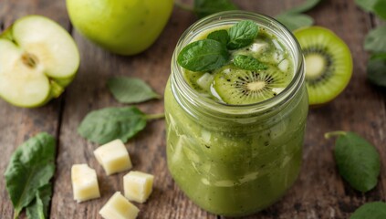 Nutritious green smoothie with banana, kiwi, spinach, and green apple in a glass jar on a vintage surface