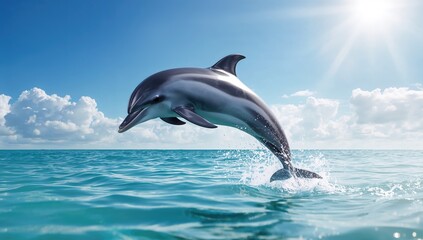 Fototapeta premium Sky backdrop with a dolphin leaping out of the water
