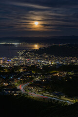 ニュージーランド　ウェリントンのブルックリン・アーミーバンカーの丘から見える夜景と満月