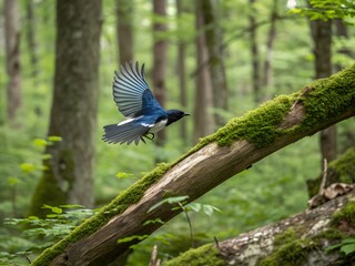 Black-throated Blue Warbler Flying Over Branch Realistic Nature