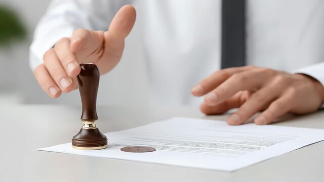 Cleanroom technician stamping legal document with wax seal conveying authority and precision pressing wooden stamp document with formal tie