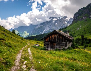 Alpine chalet nestled in meadow, mountains loom
