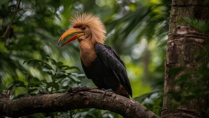 Obraz premium Detailed View of a Female Wreathed Hornbill Sitting on a Branch in a Tropical Jungle