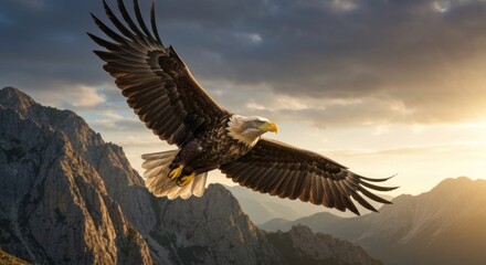 Fototapeta premium Majestic eagle soaring above rugged mountains at sunrise