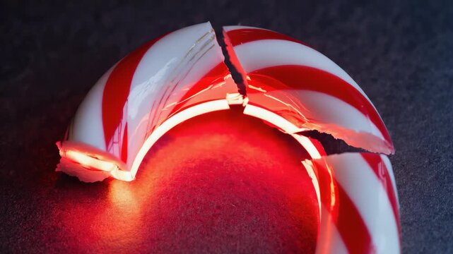 Shattering candy cane under dramatic lighting with vibrant red reflection. 4k Video footage