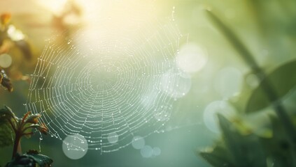 Nature-inspired abstract backdrop featuring a spider web adorned with dewdrops, showcasing texture, light, and circular patterns in white and green hues
