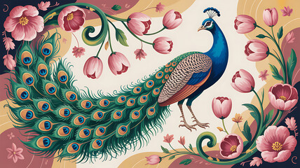 Traditional Mughal nature painting with peacocks, trees, and lotus pond
