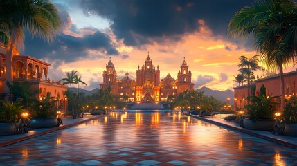 Obraz premium Stunning sunset view of a grand palace with a reflecting pool